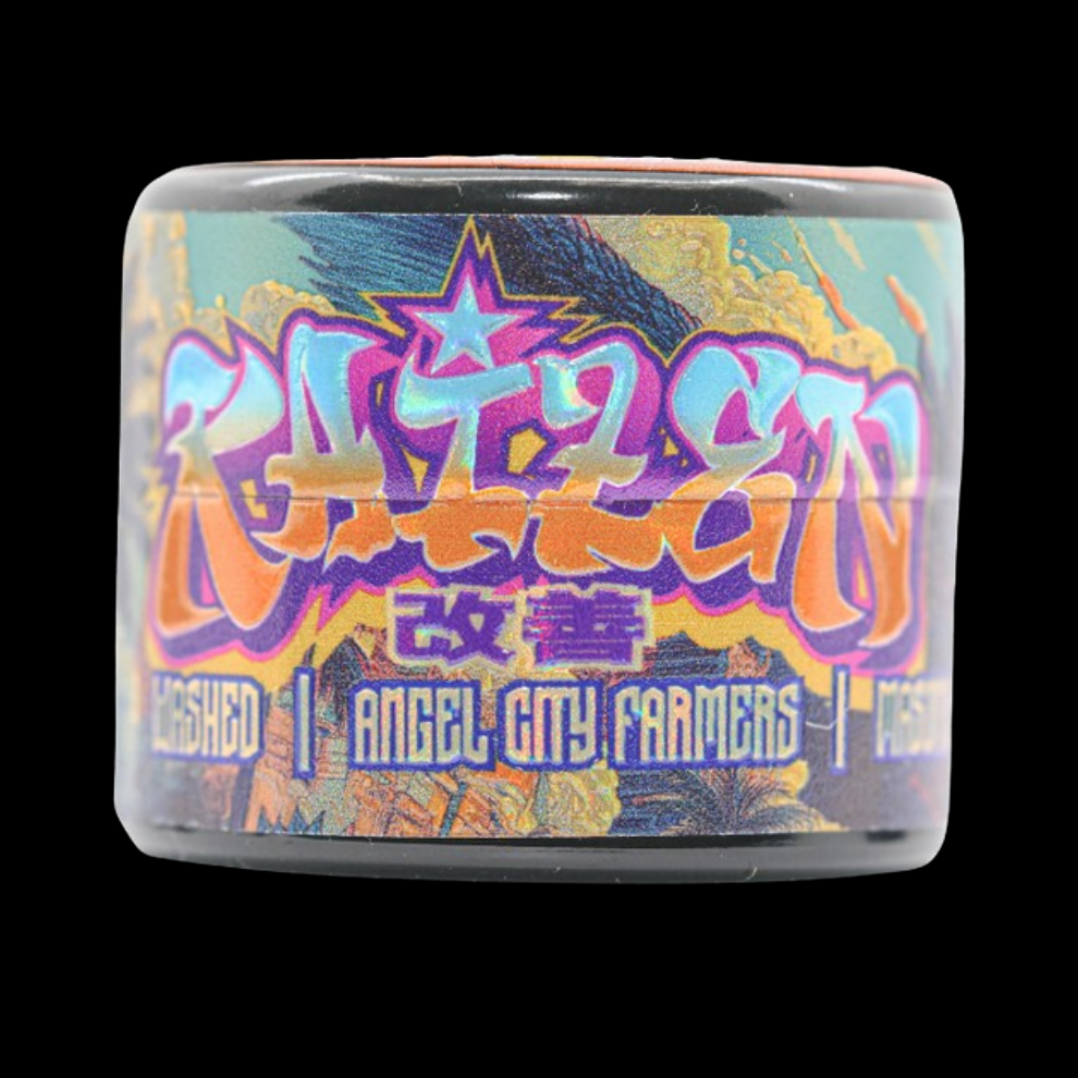 Kaizen Live Hash Rosin jar front label showing Angel City Farmers x Washed collaboration artwork