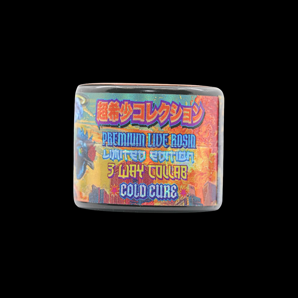 Kaizen Live Hash Rosin jar back label showing Limited Edition 3-Way Collab and Cold Cure text