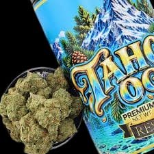 Tahoe OG Reserve Batch jar artwork showing snow-capped mountains alongside a bowl of dense green cannabis flower
